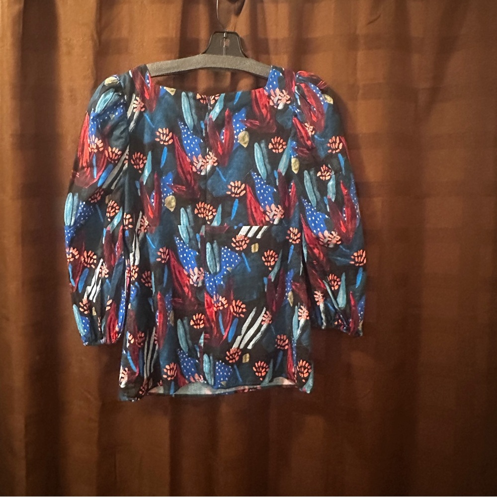 Anthropologie Eva Franco Tropical Sweetheart Neck Blouse Puff Sleeves size 12 - Picture 8 of 9